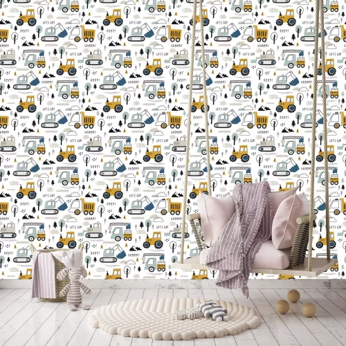 Tapete Hand drawn cute cars - Truck, tractor, cargo crane, bulldozer, excavator. Seamless vector pattern with cute cars for fabric, textile and wallpaper design. Vector cars in scandinavian style