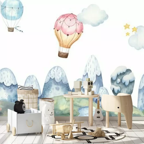 Fototapete Seamless landscape pattern for kids design with mountains, balloons, snow-covered trees, stars, moon. watercolor illustration on white background. Illustration for greeting cards, interior.