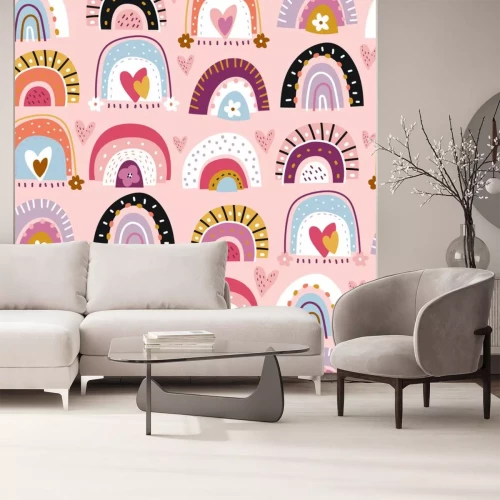 Sticker Regenbögen mit Blumen auf rosa Hintergrund