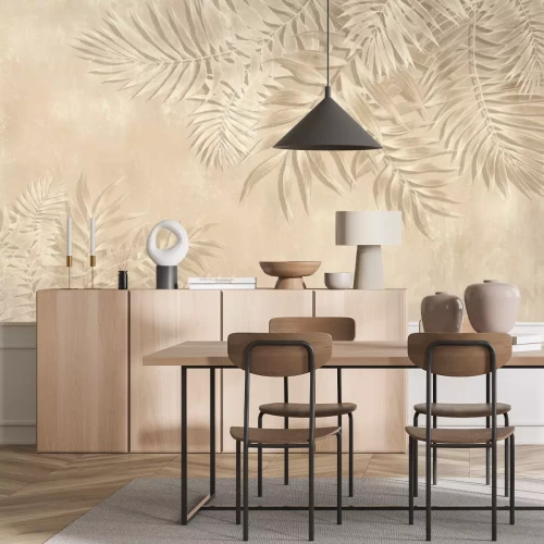 Fototapete Beigefarbene Palmblätter auf Beton