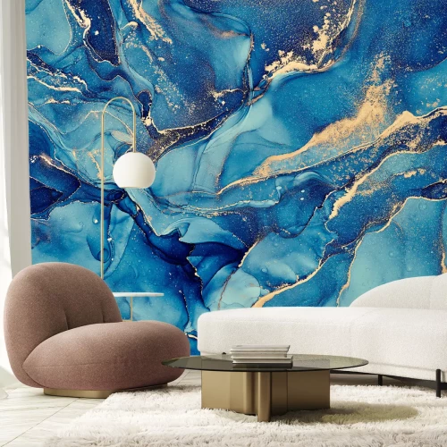 Fototapete Natural  luxury abstract fluid art painting in alcohol ink technique. Tender and dreamy  wallpaper. Mixture of colors creating transparent waves and golden swirls. For posters, other printed materials