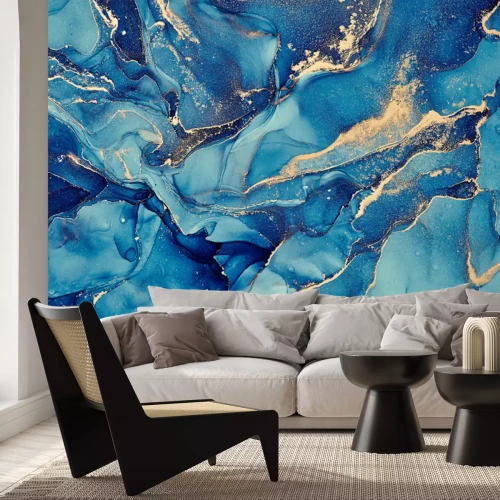 Sticker Natural  luxury abstract fluid art painting in alcohol ink technique. Tender and dreamy  wallpaper. Mixture of colors creating transparent waves and golden swirls. For posters, other printed materials