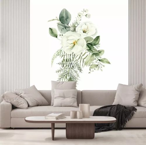 Sticker Strauß weißer Blumen mit grünen Blättern