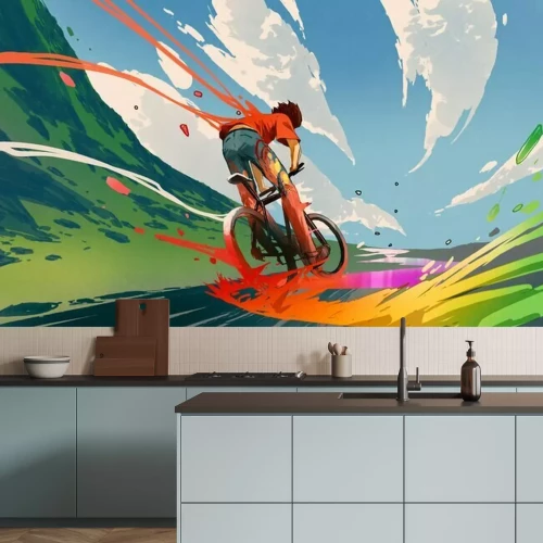 Fototapete Young man riding a bicycle with a colorful energy, digital art style, illustration painting