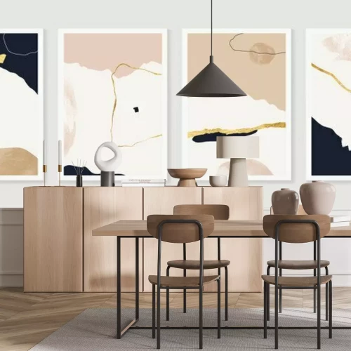 Sticker Luxury Gold Mountain wall art vector set. Earth tones landscapes backgrounds set with moon and sun.  Abstract Plant Art design for print, cover, wallpaper, Minimal and  natural wall art. 