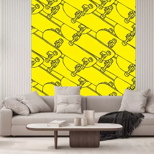 Sticker skateboard in outline style hand drawing vector illustration seamless pattern isolated in yellow background