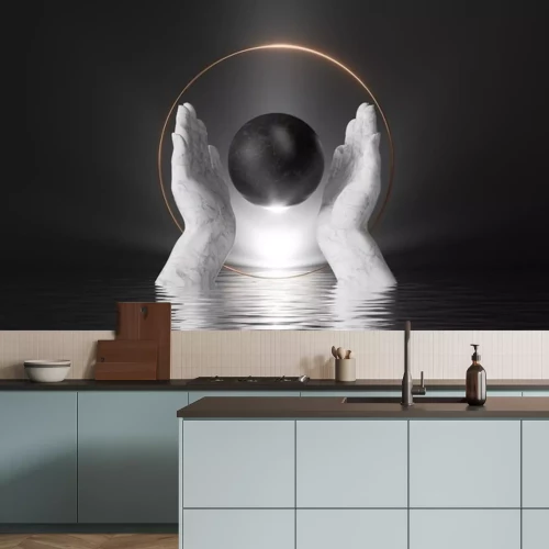 Sticker 3d render, abstract black background with white marble hands hold black stone ball, inside golden round frame; bright shining light and reflections in the water. Modern minimal scene