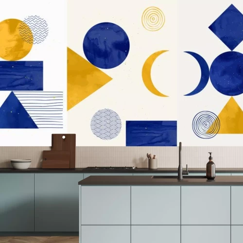 Sticker Vector illustration. Abstract contemporary aesthetic backgrounds. Design for poster, postcard, invitation card, flyer, brochure cover. Room wall decor. Blue watercolor paints with golden splash dots