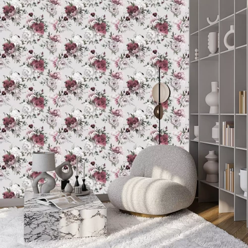 Tapete Winzige Pfingstrosensträuße auf grauem Hintergrund