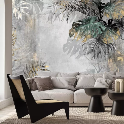 Sticker 3d picture of palm leaves and monstera on a beige background