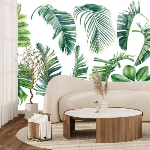 Sticker Grünes Aquarell tropische Blätter auf weißem Hintergrund