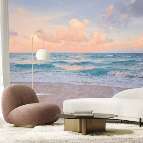 Fototapete Sea ocean beach sunset sunrise landscape outdoor. Water wave with white foam. Beautiful sunset airy red sky with clouds. Natural aquatic blue pink turquoise aquamarine colorful background.