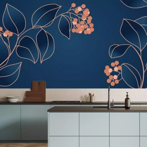 Fototapete Floral seamless navy blue and copper metallic plant background vector for house deco