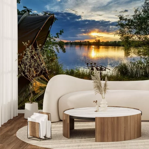 Fototapete Angeln am See bei Sonnenuntergang