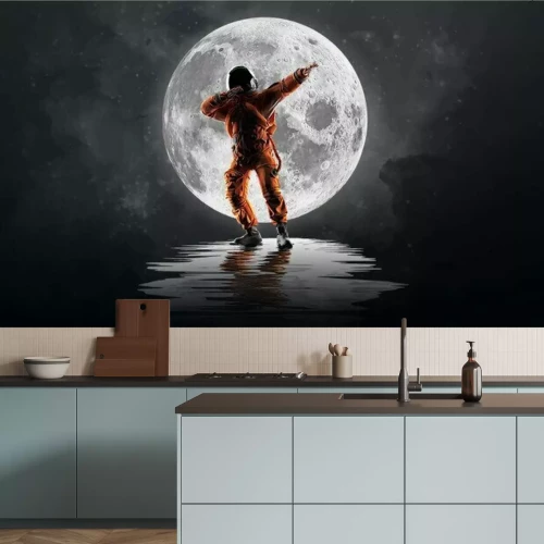 Fototapete Dancing astronaut on the background of the moon and space. Vector illustration