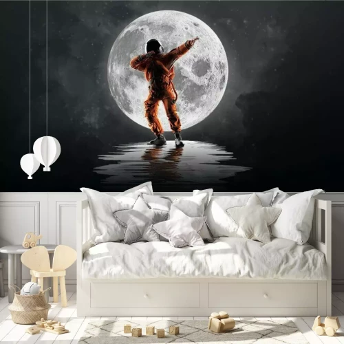 Fototapete Dancing astronaut on the background of the moon and space. Vector illustration