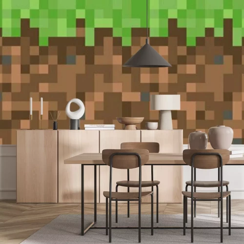 Fototapete Geometrischer Hintergrund im Videospielstil in Grün- und Brauntönen