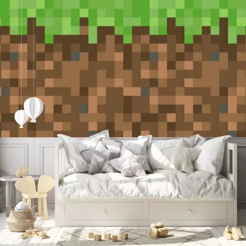 Fototapete Geometrischer Hintergrund im Videospielstil in Grün- und Brauntönen