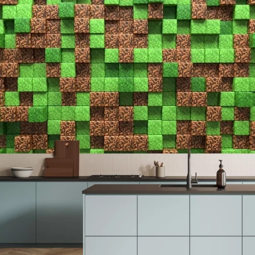 Fototapete 3D Abstract cubes. Video game geometric mosaic waves pattern. Construction of hills landscape using brown and green grass block. Concept of game minecraft