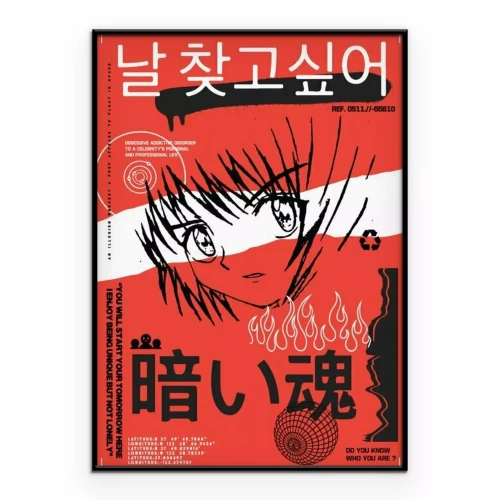 Poster Manga und japanische Schriftzeichen in leuchtenden Farben