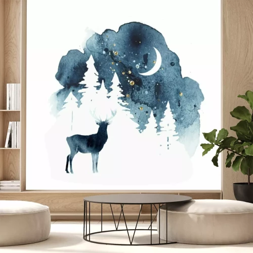 Sticker Aquarell mit einem Hirsch in der Nacht
