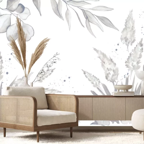 Fototapete Blühendes Pampasgras und Blätter im Aquarellstil