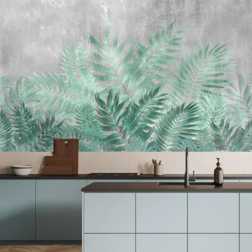 Fototapete Große tropische Blätter botanisches Muster auf Beton