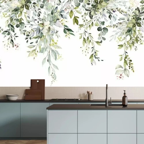 Fototapete Tropical watercolor herbal branch with leaves . Card with nature