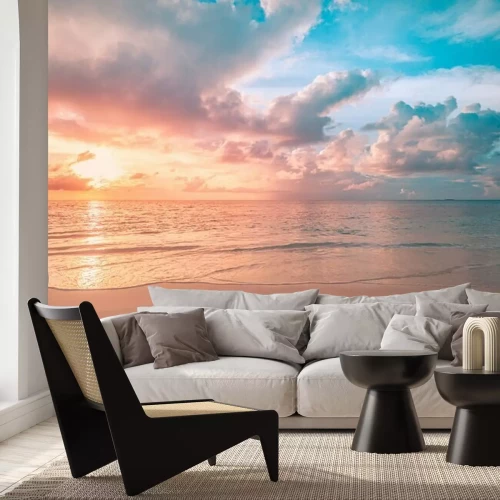 Fototapete Closeup sea sand beach. Panoramic beach landscape. Inspire tropical beach seascape horizon. Orange and golden sunset sky calmness tranquil relaxing sunlight summer mood. Vacation travel holiday banner