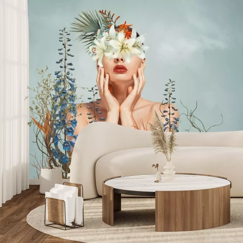 Fototapete Frauenporträt mit bunten Blumen