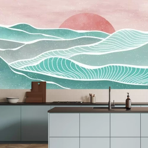 Fototapete Creative minimalist modern paint and line art print. Abstract ocean wave and mountain contemporary aesthetic backgrounds landscapes. with sea, skyline, wave. vector illustrations