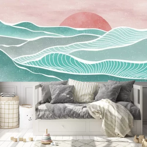 Fototapete Creative minimalist modern paint and line art print. Abstract ocean wave and mountain contemporary aesthetic backgrounds landscapes. with sea, skyline, wave. vector illustrations