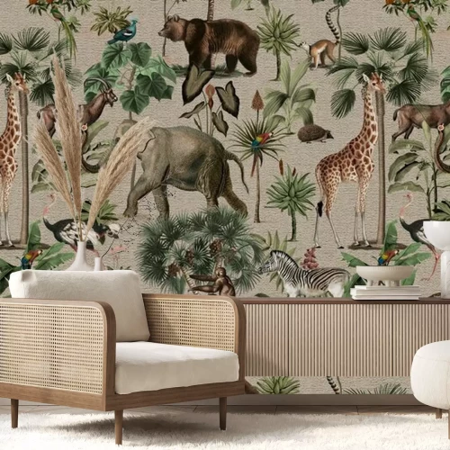 Fototapete Jungle pattern background wild animals illustration