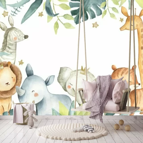 Fototapete Safari animals watercolor illustration elephant zebra lion tiger rhinoceros 