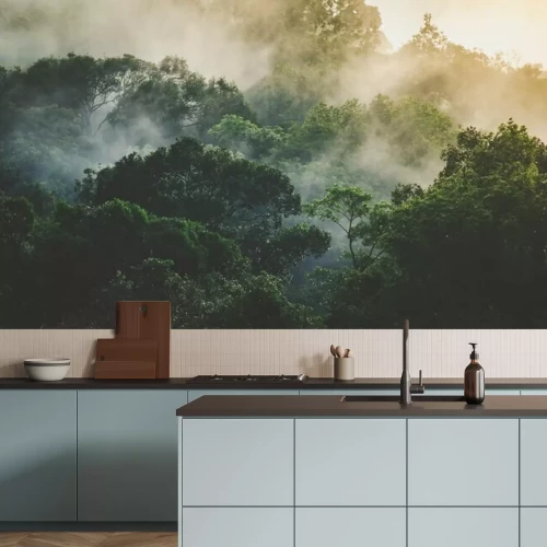 Fototapete Tropical rainforest landscape, forest scenic with jungle tree in green nature, beautiful wild wood foliage plant over the mountain, leaf with rain water, environment park background for travel