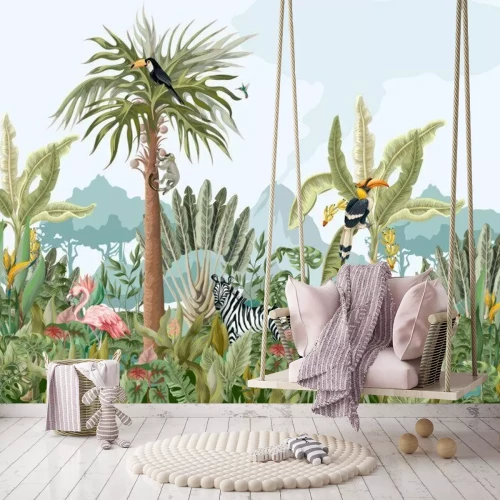 Fototapete Pattern with jungle animals, flowers and trees. Vector.