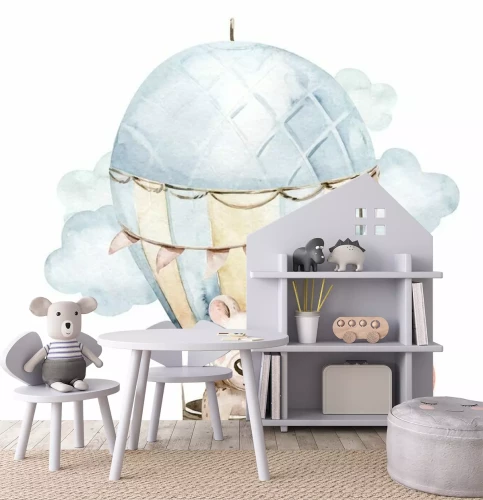 Sticker Cute cartoon baby bear animal hand drawn watercolor bunny illustration with air balloon. kids nursery wear fashion design, baby shower invitation card.