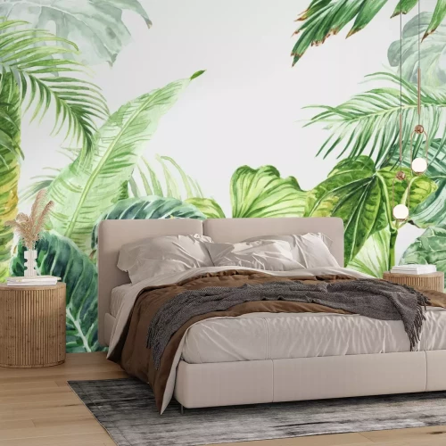 Fototapete Watercolor tropical wall mural with palm tree leaves. Watercolour .