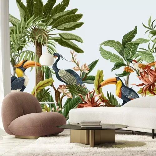 Fototapete Paradiesvögel auf bunten Bäumen