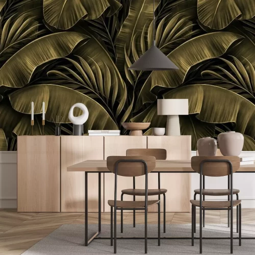 Fototapete Tropical exotic seamless pattern. Grunge golden banana leaves, palm. Hand-drawn dark vintage 3D illustration. Nature abstract background design. Good for luxury wallpapers, cloth, fabric printing.