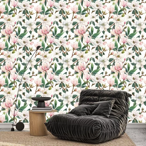 Tapete Beautiful seamless pattern with hand drawn watercolor gentle white and pink magnolia flowers. Stock illustration.