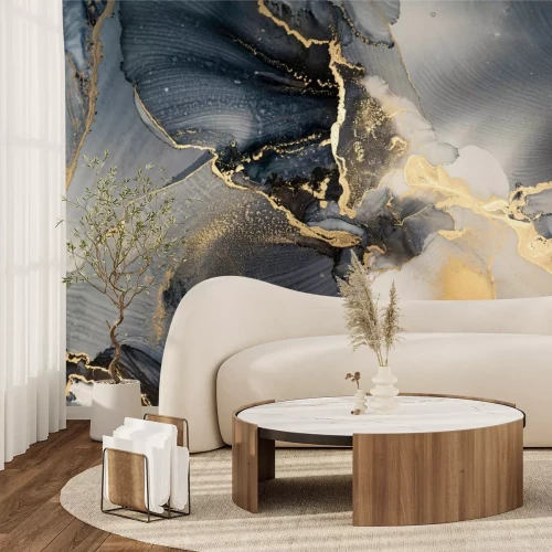 Fototapete Luxury abstract fluid art painting in alcohol ink technique, mixture of dark blue, gray and gold paints. Imitation of marble stone cut, glowing golden veins. Tender and dreamy design.