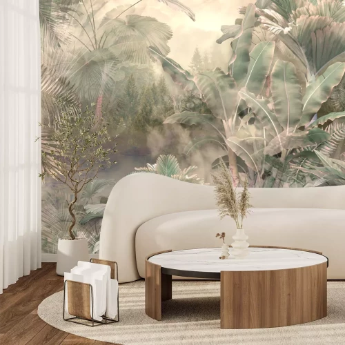 Fototapete Tropical trees and leaves wallpaper design in foggy forest - 3D illustration