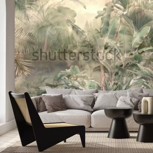 Fototapete Tropical trees and leaves wallpaper design in foggy forest - 3D illustration