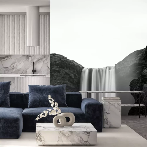 Sticker Schwarz-weiße Landschaft mit Wasserfall Skógafoss