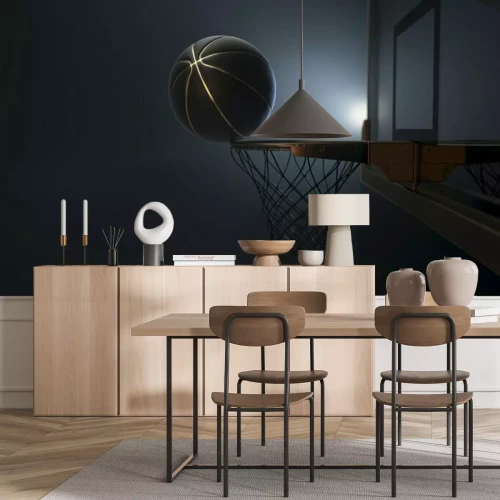 Fototapete Schwarz-goldener Basketball, der auf einem Ring balanciert