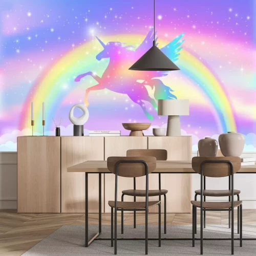 Fototapete Rainbow background with winged unicorn silhouette with stars.