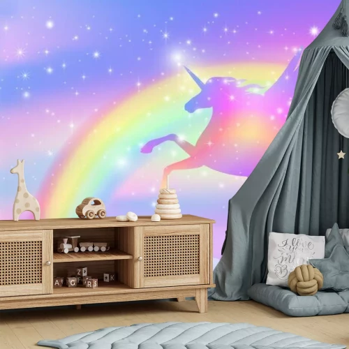 Fototapete Rainbow background with winged unicorn silhouette with stars.