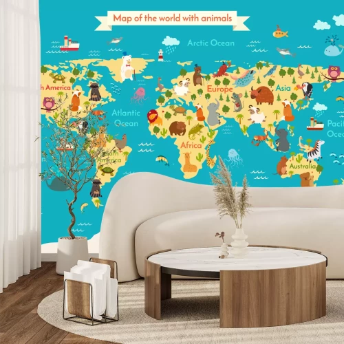 Fototapete Animals world map. Preschool illustration, baby, continents, oceans, drawn, Earth.