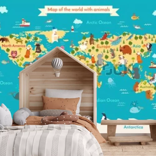 Fototapete Animals world map. Preschool illustration, baby, continents, oceans, drawn, Earth.